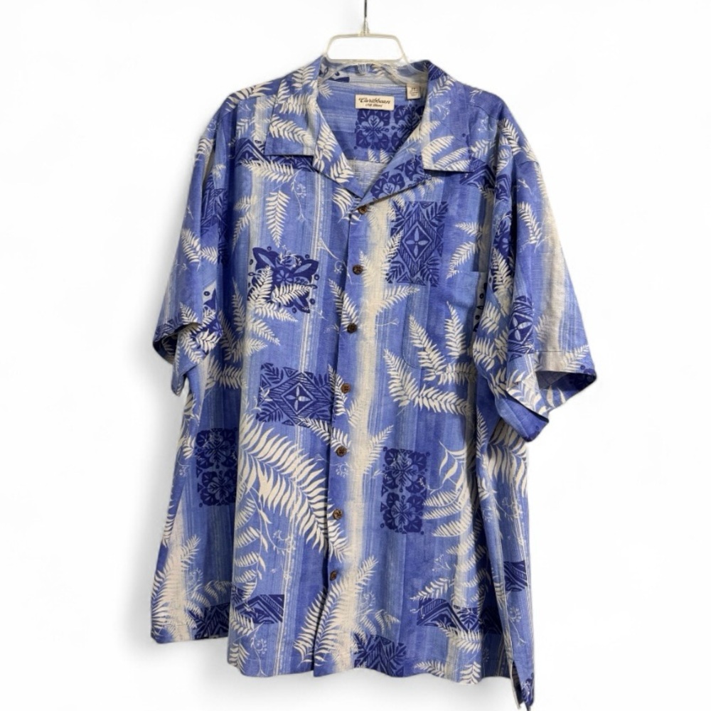 Men’s Silk Camp Shirt Hawaiian Blue Tropical Caribbean 2X